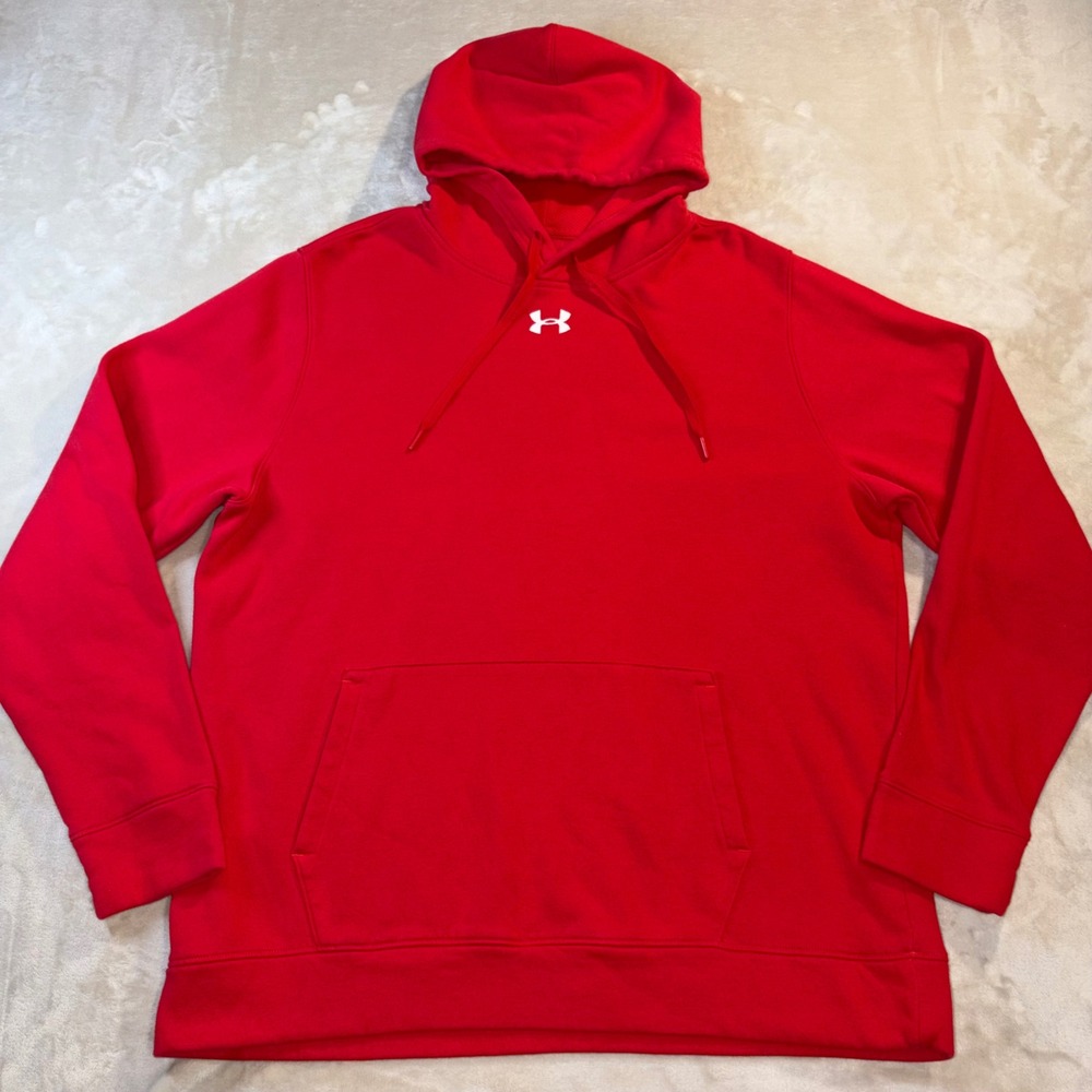 Under Armour Mens Rival Fleece Hoodie Red Loose Fit Sweatshirt XL 1357092-600